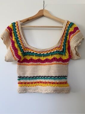 Zara Cream Crochet Scoop Neck Top with Yellow, Pink, Teal & Orange Accents